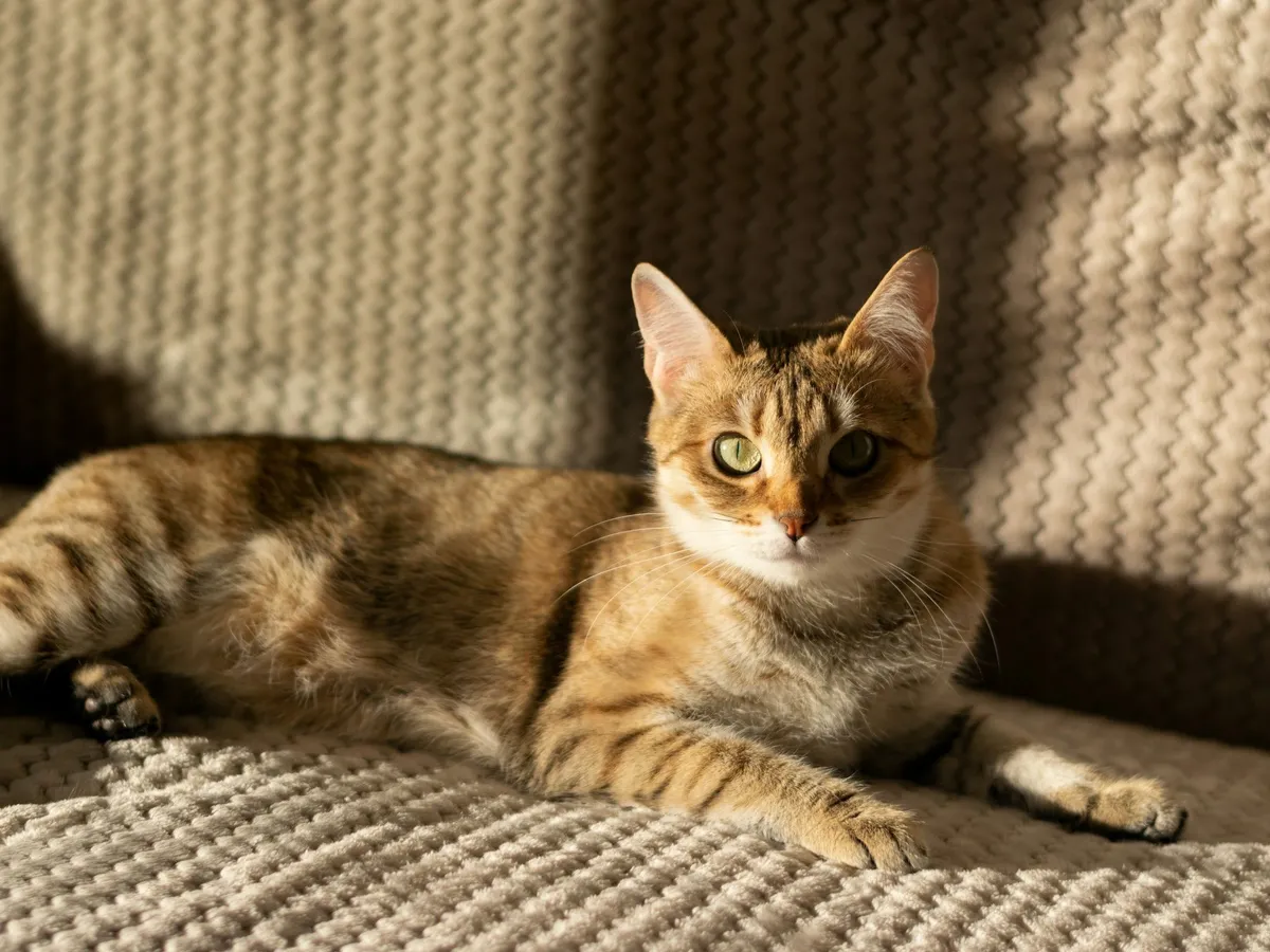 A cat resting on a wool blanket in a bright room